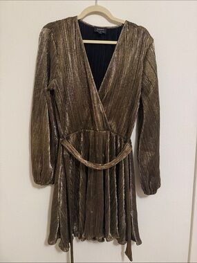 Bardot Shimmery Gold Long Sleeve Pleated Wrap Dress